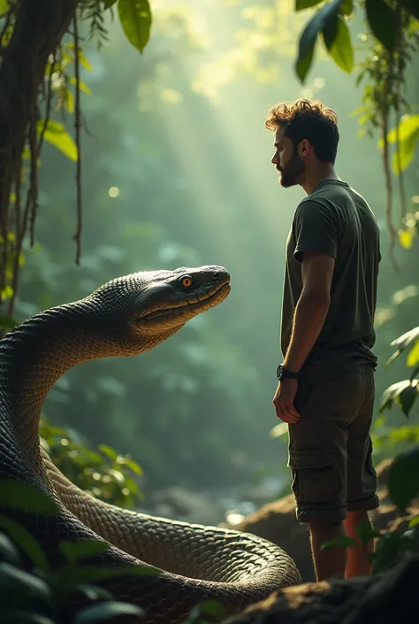 A guy looking at an anaconda
