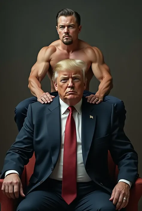 Actor Leonardo DiCaprio with  muscled body sitting on the shoulders of Donald trump