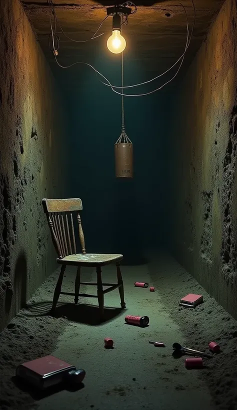 Create a dark, cinematic scene of a pre-excavated underground tunnel. The walls of the tunnel are rough, made of dirt and stone, with visible support beams along the ceiling. In the center of the dimly lit space, there is a weathered metal chair, and nearb...