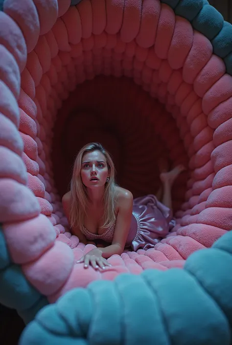 "A surreal and whimsical scene set inside an oval shaped, where the walls are made of soft, colorful plush which resemble a pattern of a stomach that cover the borders of the picture. A beautiful woman, dressed in a shimmering satin costume, lies on the fl...