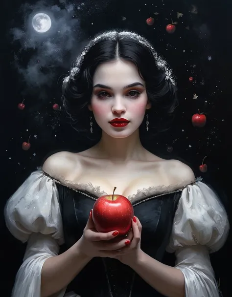 🤍









In style Andre Cohn. Beautiful Snow White offers a red apple .Milky Way.  high resolution. detailing. Gothic style. ghost. fog , Black background