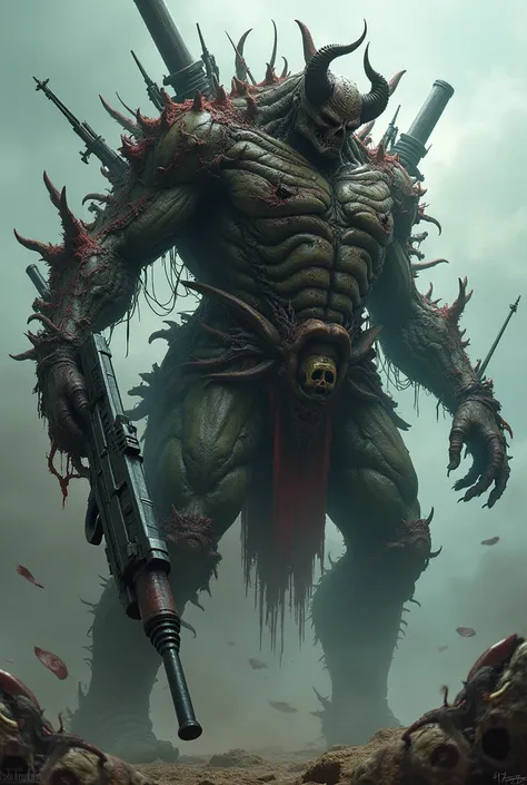 Big gun Devil with guns and every other weapons sticking out  , decapitated heads of Animals , ghoulish matter lodged everywhere in its body, , floating in sky,very detailed ,creepy atmosphere,WEAPONS EVERYWHERE ON ITS BODY , skulls everywhere ,no arms