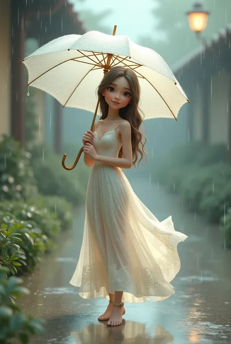 Cute  holding umbrella in rain.wearing white sparkling dress. 3D animation 