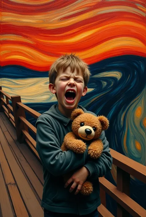 Create an advertisement inspired by the work The Scream, and this ad has to sell teddy bears With the boy holding the bear