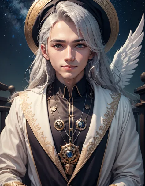 Top quality, extremely detailed, 35mm lens, f/1, portrait, a beautiful boy fortune teller, solo, silver shining hair, wearing angelic pattern white suit, gentle smile, gentle eyes, starry sky