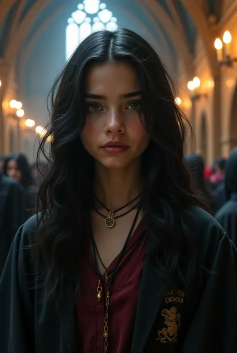 Students at Hogwarts,  Brazilian girl, Long wavy black hair, fair skin, small, sharp gray eyes, natural red lips.