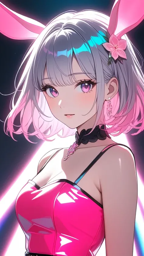 One girl, Medium Hair,  silver hair, Pink long dress, pink Bunny ears , She has large expressive pink eyes,Backlight, Black Light, Beautiful fine details, Beautiful lip detail, Beautifully detailed face, Long eyelashes, Glowing Skin, Mysterious, Mysterious...