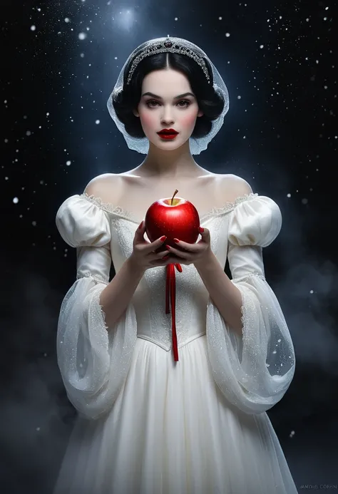 🤍









In style Andre Cohn. Beautiful Snow White offers a red apple .Milky Way.  high resolution. detailing. Gothic style. ghost. fog , Black background