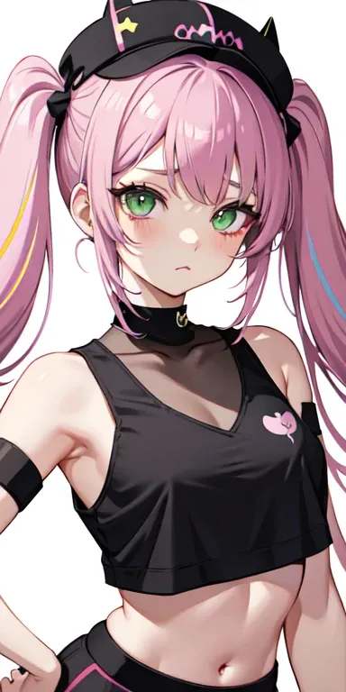 absurdres, 1girl, light green eyes, twintails, twintail hairstyle, purple and pink two-toned hair, wide-eyed, eyelashes, looking at viewer, twitchemote, upper body, transparent background, small black shoulder-strapped cropped tanktop , black baseball-styl...