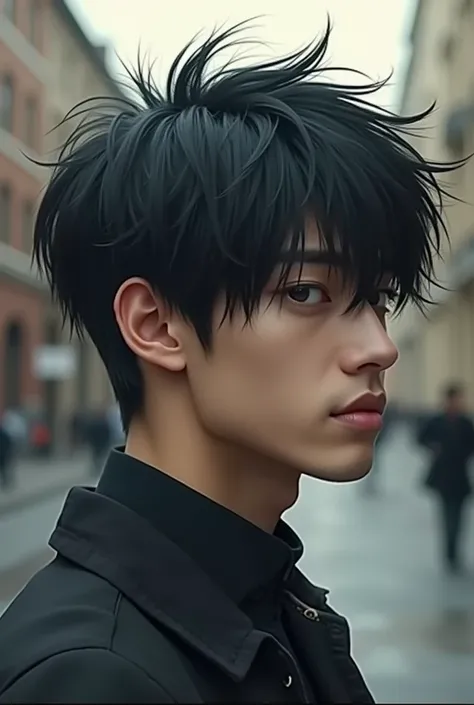 I wanted a real life man with an anime haircut,with the back part cut but large, with large sides and large bangs,Emo style