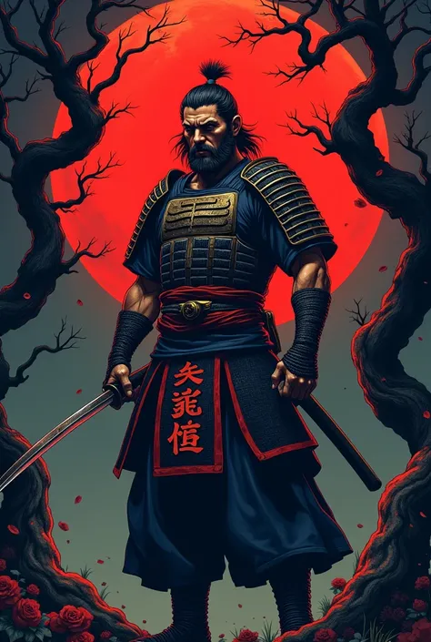 I want to create an art of a samurai with a katana,a red moon behind the samurai with a tree behind him, put the word kaizen in Japanese writing on the samurai&#39;s body , do it in tattoo style and 
