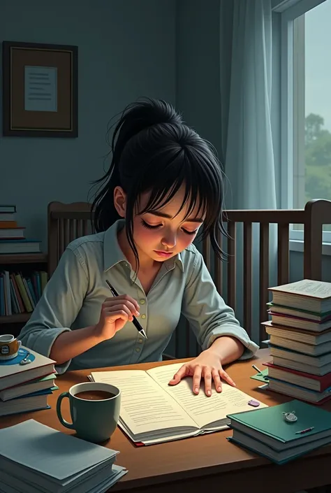 A young mother sitting at a desk with books and school materials next to a baby crib. The mother looks tired, juggling both her studies and the responsibility of caring for her child.