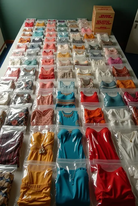 The DHL Togo box opened with dozens of dresses in transparent bags inside, all placed on a table seen from above