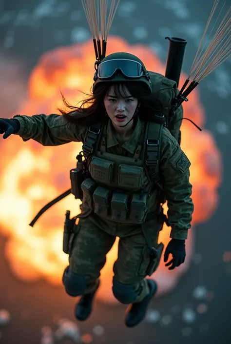 documentary photo, Photo-realistic, ultra-realistic, beautiful Japanese girl, famous Japanese idol, (Fully equipped for battle:1.5), large assault rifle on her back, (Experienced army paratroopers:1.5), (she is skydiving from military cargo plane at Army s...