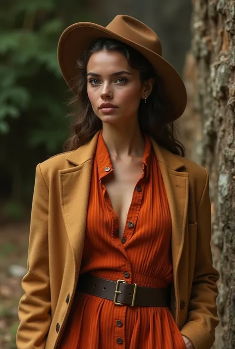 Images of women with medium or tan skin tones wearing outfits with burnt orange, deep browns, and olive greens earth colors 