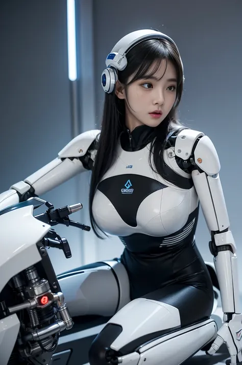 Sexy 19 year old Japanese female robot flying over futuristic city,(Wire piping between the bodies), (mechanical fingers), (기계변신형 gray 가슴), (big machine chest),(machine neck),(White machine legs), Face of a 1 Japanese woman,(Future Robot Human of 2096) (Me...