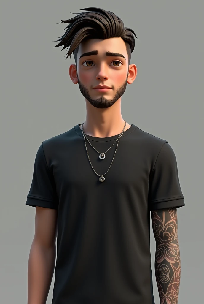 Create 3D image for realistic  boy.hr is had a full sleeve nice t shirt dark had a little nech chain stylish and he had one side hair style.smart look ly stylish.no tatoo.with beard.