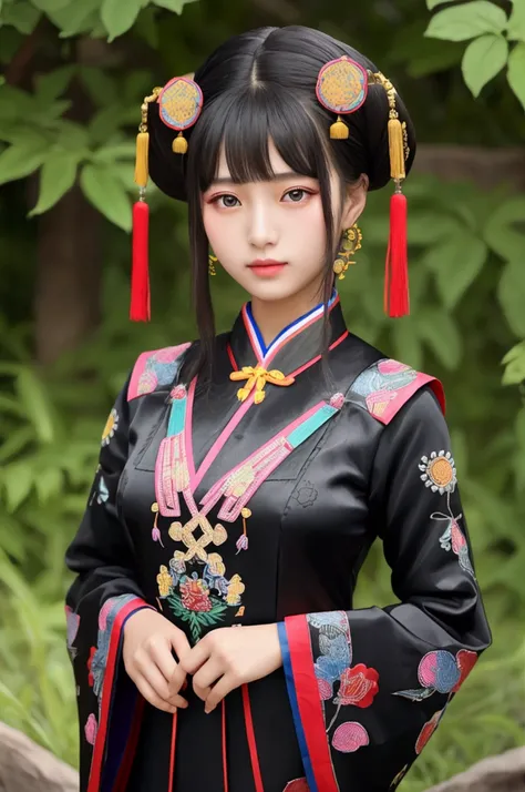 Beautiful girl from Liangshan Yi Autonomous Prefecture, China。Black national costume。Geometric embroidery on the chest area。Quiet and kind。