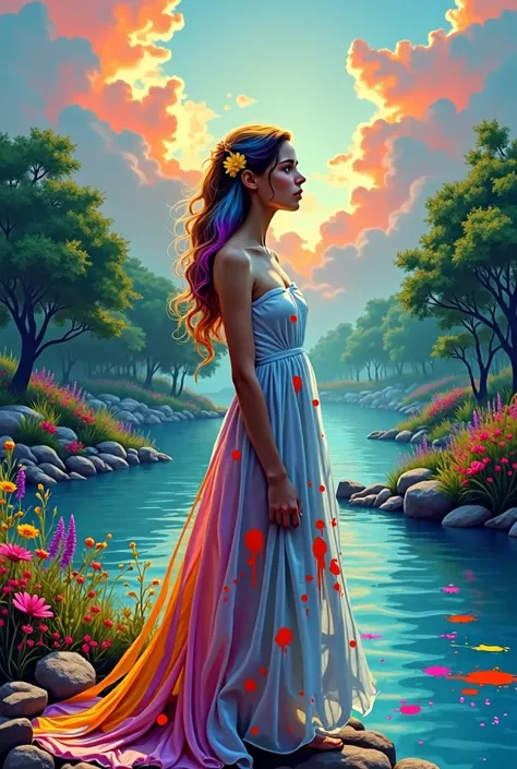 Water is all in Paint Paint is spilling on the water Very beautiful Like a river A girl is standing Looking at the river Very sexy Dress is stained with paint, The hair is also in dye, Trees of Different Colors, Full Picture Of Colorful Paints Clouds, Mult...