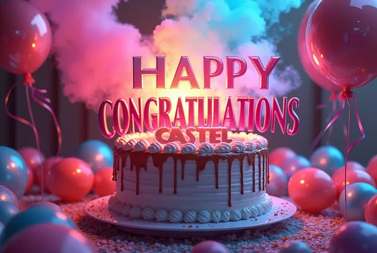 meme, bright colored background letters "Congratulations" "Castel", metallic colored balloons, birthday cake with colored smoke, digital art, waves, information flow, cultural transmission, subconscious, abstract pattern, psychedelic, neon colors, glitch a...