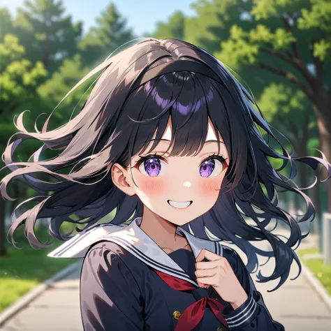 1girl, solo, smile, long hair, school uniform, black hair, hairband, looking at viewer, white sailor collar, upper body, blurry, blurry background, sailor collar, black hairband, grin, long sleeves, purple eyes, floating hair, outdoors, green background, s...