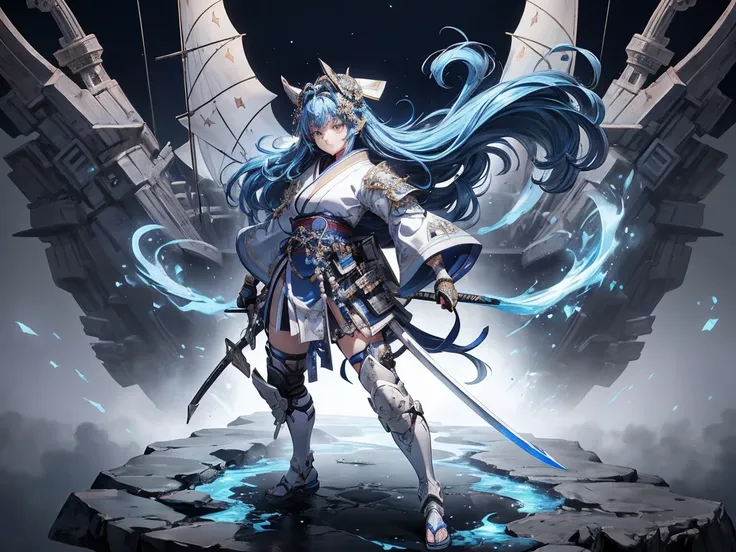 high quality:1.2, Very detailed, up to date, A lonely look, Ultra-high resolution, High Contrast, masterpiece:1.2, 最high quality, Best aesthetics), cute,Blue hair and blue Japanese armor、Wearing a Japanese helmet、Young samurai girl holding sword high, Blue...