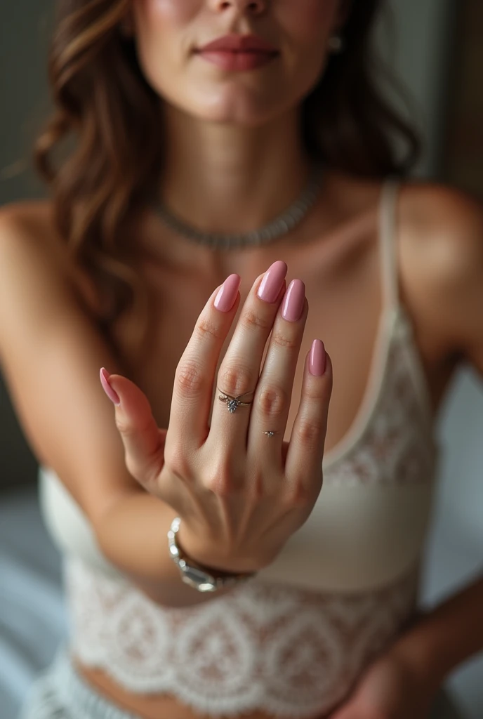 Pov photographie femme qui prend sa main  en photo elle a une manucure rose   vue de haut à la  premier personne en arrière plan ont voit ses jambes elle est en collant  dans sa chambre 