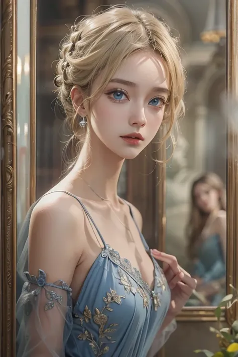 masterpiece: 1.2, Portraiture, Best Quality), Realistic, (Live Action, Intricate details, Written boundary depth), Best Quality, masterpiece, Attention to detail, semi-Realistic, Inside the castle,  Short , blue eyes, Blonde、 Slim figure、Shoulder Bare、Anti...