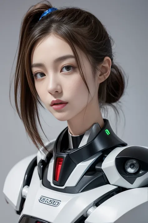 2 depicting an android being repaired, modeled after a 3 Japanese woman..Please give me 5D art。She has brown wavy hair in a ponytail..、have green eyes。her body매는 통통하고 글래머러스하다.、The body is made of silver metal..、It consists of a ball joint..。her body, Fix i...