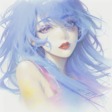 arafed drawing of a woman with blue hair and a red lip, girl with blue hair, colored sketch, colorful sketch, pretty girl with blue hair, colored screentone, beautiful blue haired girl, colorized pencil, beautiful woman with blue hair, colorized pencil ske...