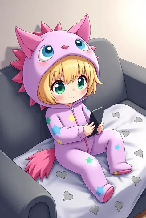 Girl blonde shoulder length hair green blue eyes.(she wears a long-sleeved jumpsuit is light purple printed with colorful stars ,the hood has a pink mane and big blue eyes. A pink shaggy tail hanging from the butt. She is chilling with both of them on the ...