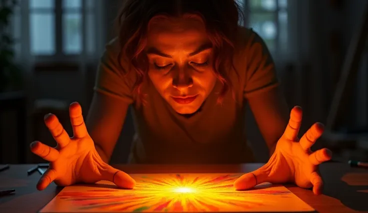 "An artist in a dark studio, their hands glowing with an intense orange light, showing creativity and expression while painting a canvas illuminated by the orange color."
