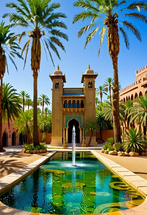 An award-winning color photograph of an oasis in an exotic and magical desert, with tall palm trees and a crystal-clear water fountain that reflects the deep blue sky. Inspired by the works of Jean Giraud and Yoshitaka Amano, The scene is full of ornamenta...