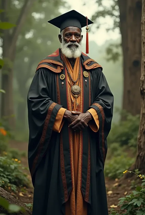 Priest of African matrilineal religion,with university graduation clothes and hat