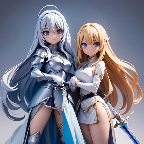 A female paladin holding a holy sword、Female Paladin Holding a Holy Sword、Holding the holy sword with both hands、The holy sword is shining、The Holy Sword Shines、Blonde long hair、With bangs、One woman、、Blue Eyes、wear white armor、Live-action、