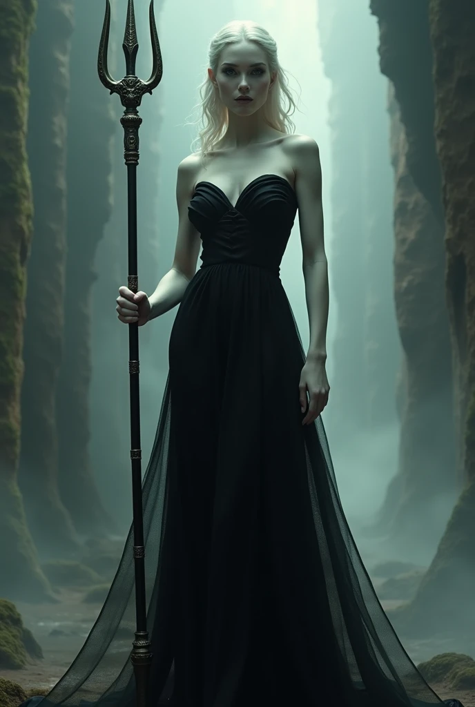 An entity, Wait a minute, white woman with a long black strapless dress and a trident in her hand 