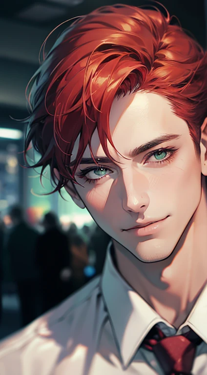 (Highest quality,4K,8K,High resolution,masterpiece:1.2),Super detailed,(Realistic,photoRealistic,photo-Realistic:1.37),1 personld,Mature Men,Beautiful skin、very handsome,Expressionless smile in love,Short gray red hair,green eyes,Sharp Eyes,A perfect face ...