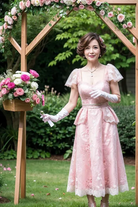 ((Masterpiece)), ((Best Quality)), A middle-aged short-hair woman, ((She is wearing an ornamental pink wedding dress)), She is wearing a necklace, She is in a garden, She is wearing gloves on her hands, she is wearing the boots