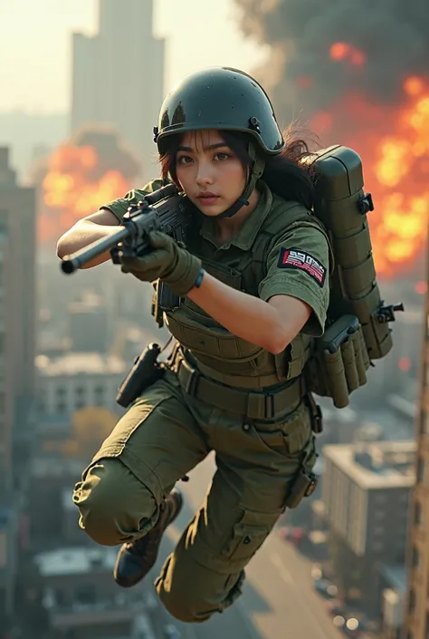 documentary photo, Photo-realistic, ultra-realistic, beautiful Japanese girl, famous Japanese idol, (Fully equipped for battle:1.5), holding m4a1 large assault rifle, (spectacular view of massive explosion at buildings:1), (she is very scared and crying:1)...