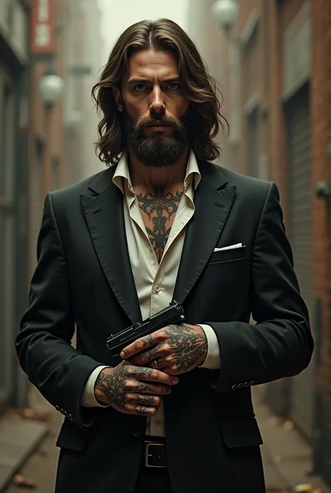 Jesus wearing suit with hand tattoos holding gun and smoking