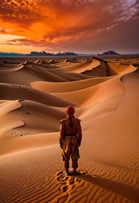 An award-winning colour photograph of an arid desert landscape on Arrakis, with sand dunes stretching to the horizon, and an orange sky fading into the distance. In the center of the image, a solitary figure of a Fremen, dressed in a stillsuit, who looks t...