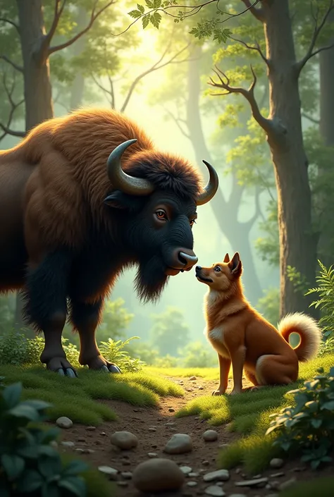 Create a realistic image of a buffalo and a dog talking in the middle of the forest. 