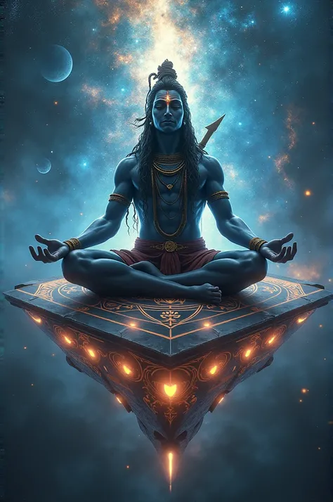 "Visualize the mighty Hindu deity Shiva, the cosmic destroyer and transformer, as he embarks on an intergalactic journey aboard a colossal spaceship. This futuristic vessel, adorned with intricate cosmic symbols and glowing celestial energy, traverses the ...