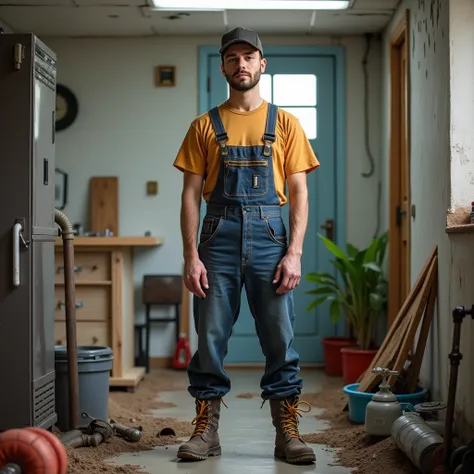 a young man with plumbing dress code doing plumbing and drainage works with th tools looking at the camera