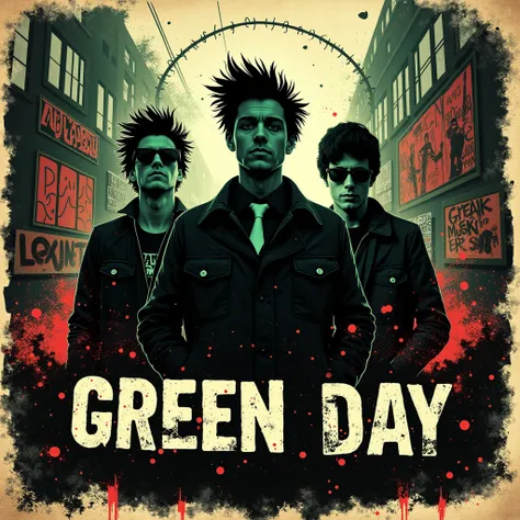 “Album cover for the iconic punk rock band Green Day, emphasizing the band’s rebellious and alternative spirit. The name ‘Green Day’ should be prominently displayed in bold, grunge-style typography, reflecting their raw, energetic punk roots. The cover sho...