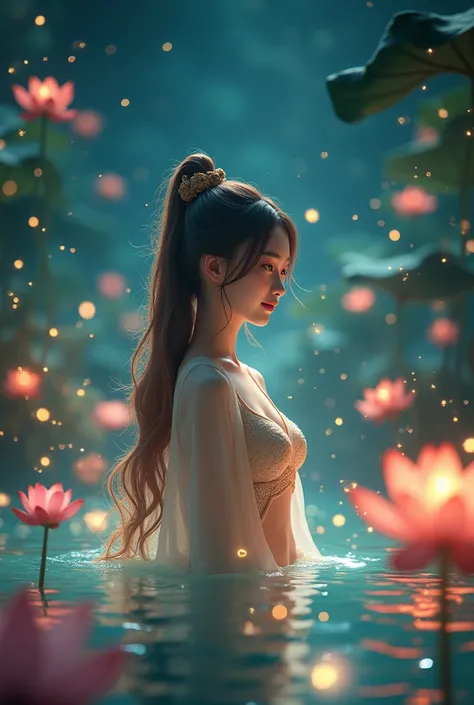 beautiful girl long hair, wearing chinese clothes in the middle of the pool at night, around the pool there are beautiful lotus flowers, and accompanied by thousands of fireflies, with a sky full of stars, masterpiece, reality photo, 8k, very good qualityP...