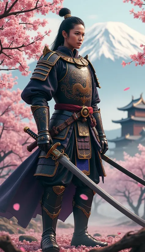 A disciplined samurai stands tall amidst the aftermath of a fierce battle in a serene cherry blossom grove. The background features Mount Fuji majestically towering over the horizon, with a traditional Japanese castle partially visible through the mist. Th...