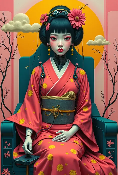 A collage painting of a robot geisha with big eyes, ulzzang features, wires, buttons, circuits, vines, twigs, nature, science, dramatic and sexy, in the styles of romanticism, cyberpunk, neo-classical, experimentalism, baroque, impressionism, expressionism...