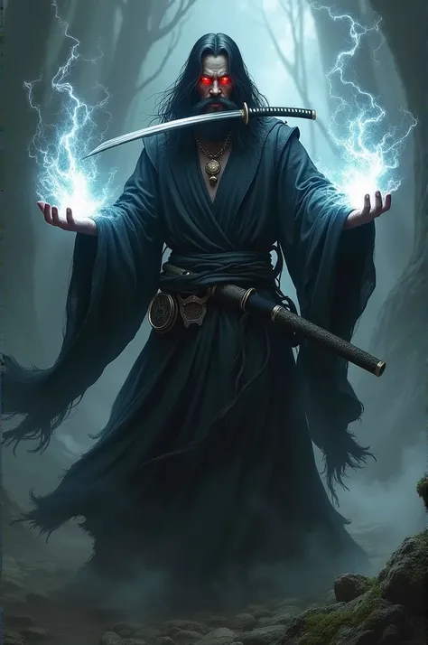 A shaman wearing black clothes, very long hair, a long beard, red eyes, a samurai sword in his mouth, and dangerous white energy in both hands.