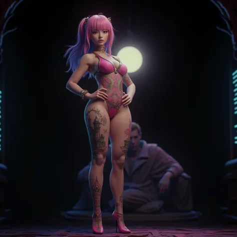 A cinematic medium shot of a dark fantasy scene with a powerful and enchanting female protagonist with striking neon pink hair. She dons a form-fitting outfit adorned with intricate architectural, anime, graffiti, and 3D render details. The background mast...